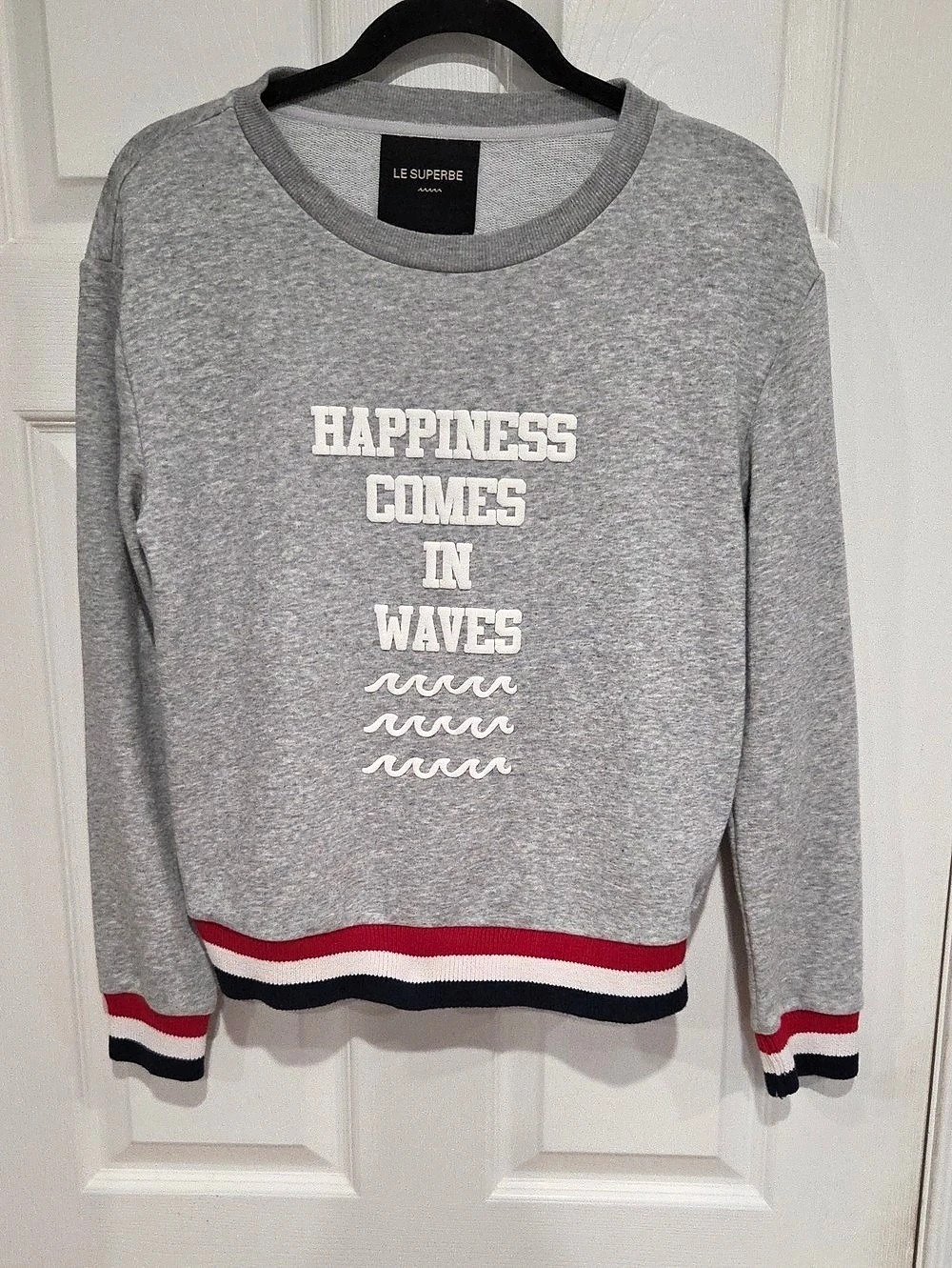 Le Superbe Happiness Comes In Waves Sweatshirt Gray & White Size S